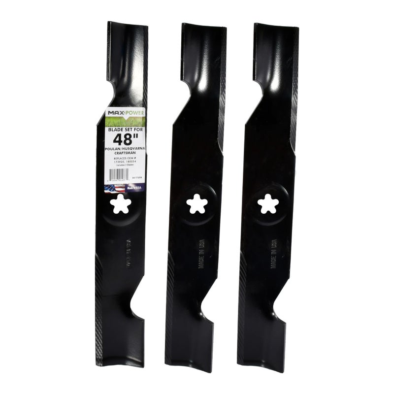 MaxPower 561735B 3 Blade Set for Many 48 in. Cut Craftsman, Husqvarna, Poulan Mowers Replaces OEM #'s 173920, 180054, 532180554, 575938201, PP24005 - Image 1